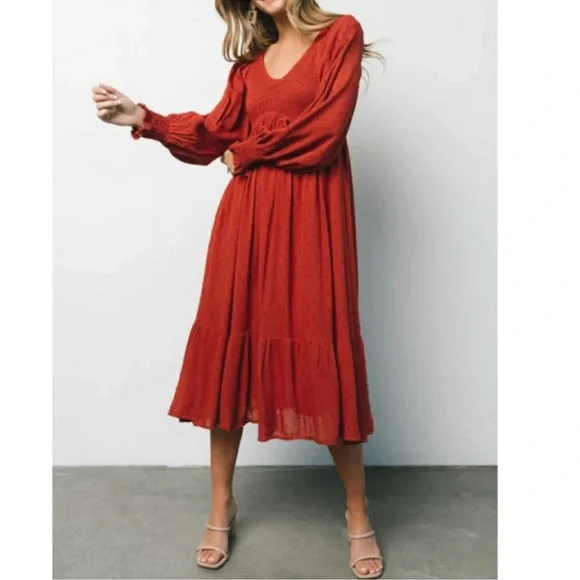 knee length dresses for ladies Lainey Smocked Dotted Midi Dress